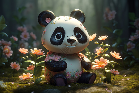 花朵国宝可爱手绘插画熊猫背景图片