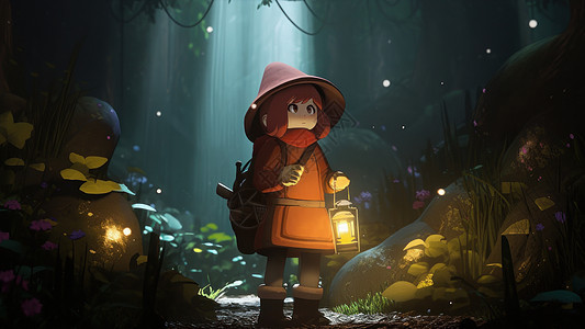 拿着发光的露营灯去山谷探险的小女孩背景图片