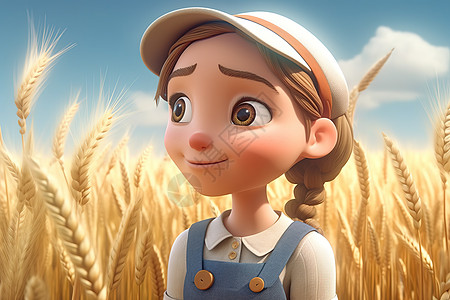 可爱的卡通小女孩站在金色的麦田中图片