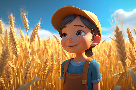 可爱的卡通小女孩站在金色的麦田中图片