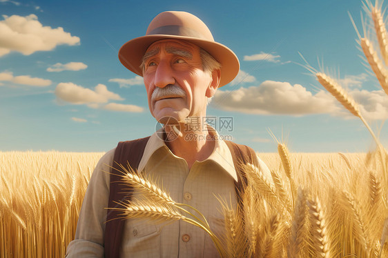 农民伯伯站在金色的麦田中插画图片