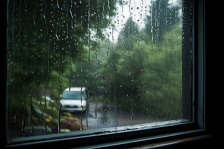 窗外下雨玻璃上的水珠高清图片