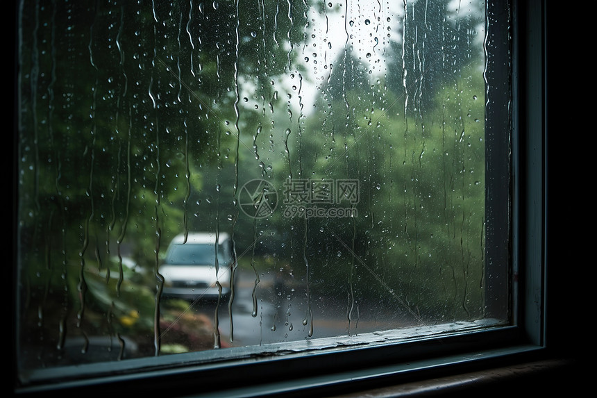 窗外下雨玻璃上的水珠图片