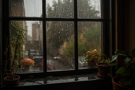 窗外下雨玻璃上的水珠图片