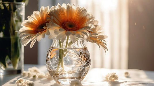 窗边玻璃杯里的非洲菊背景图片