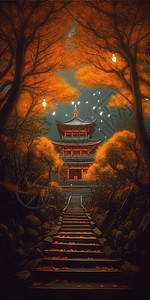 手绘国潮风星空下山顶的中国风传统建筑图片