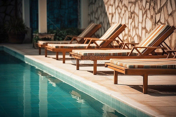 度假酒店泳池边的躺椅图片