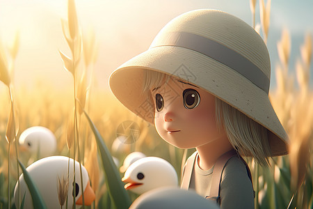 夏日稻田的小女孩皮克斯风格图片