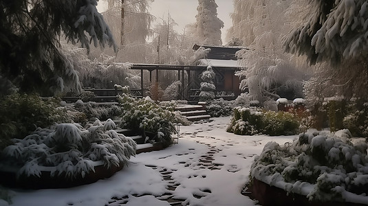 落满雪花的花园图片