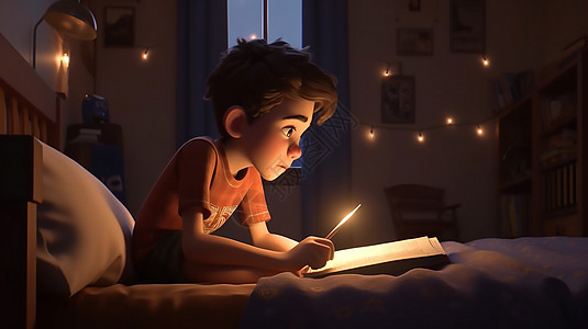 夜晚看书的小男孩图片