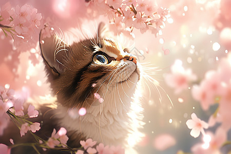 可爱的小猫在欣赏樱花图片