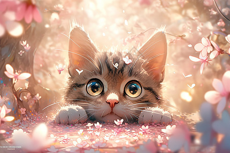 可爱的小猫在欣赏樱花图片