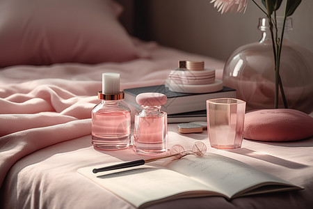 粉色床上的化妆品背景图片
