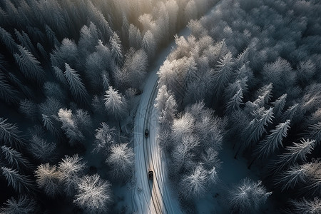 白雪皑皑的森林道路上的车辆俯视图图片