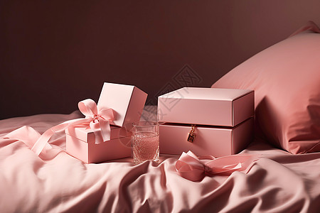 柔和色调粉色床上的礼物图片
