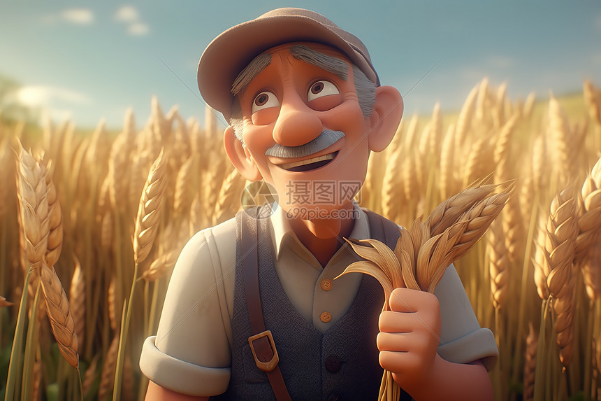 丰收麦田的农民伯伯皮克斯风格图片