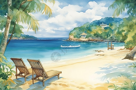夏日大海沙滩水彩画背景图片