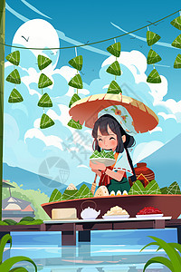 端午节撑伞的可爱女生在桥上吃粽子图片