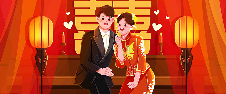 爱情中式婚礼插画banner插画