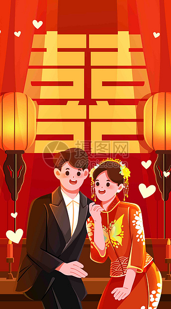 结婚中式婚纱照竖屏插画图片