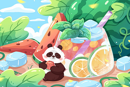 小暑清新夏天熊猫与西瓜插画插画