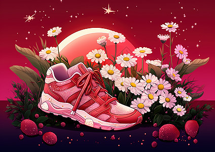 板鞋手绘花丛粉色高帮鞋插画