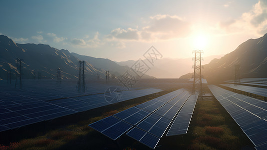 阳光下山谷间太阳能板发电站背景图片