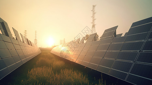 夕阳下太阳能电板发电站图片