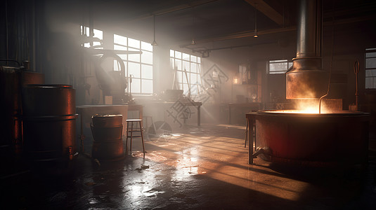 阳光下老旧的工厂工作间图片