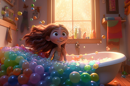可爱的小女孩躺在充满泡泡的浴缸里皮克斯风格图片