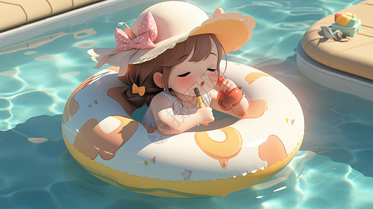 戴着遮阳帽在游泳圈里可爱的卡通小女孩背景图片