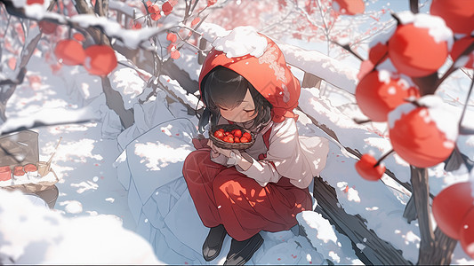 冬天坐在雪地里栅栏旁边手捧水果的可爱的小女孩图片