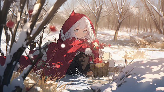 冬天坐在树底下手拿花篮的红斗篷小女孩图片