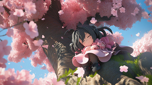 坐在樱花树底下的可爱的小女孩高清图片