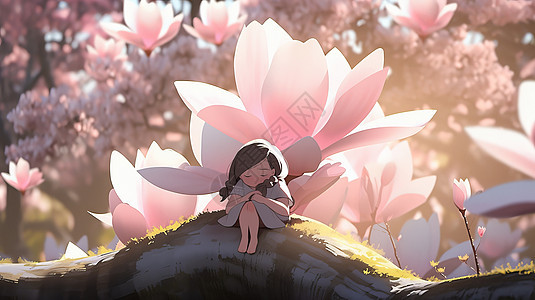 坐在巨大的粉色玉兰花树上可爱的小女孩图片