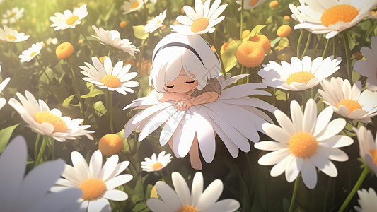 田野卡通在小雏菊花丛中睡觉的可爱的小女孩插画