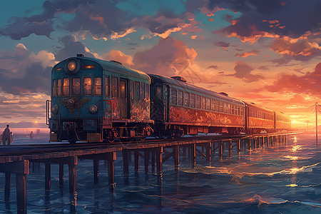 穿越海洋的火车灿烂的日落插画图片