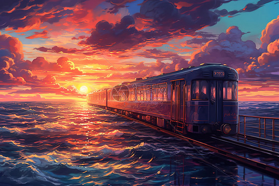 穿越海洋的火车灿烂的日落插画图片