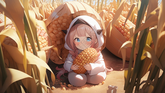 坐在玉米地里抱着玉米可爱的卡通女孩图片