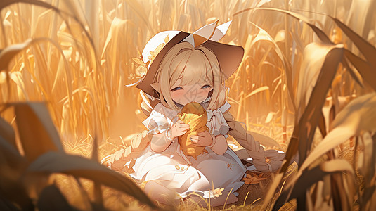 秋天坐在金黄色地里野餐的长发女孩图片
