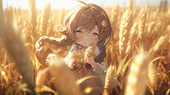 在金色麦子地里的可爱的卡通长发小女孩图片
