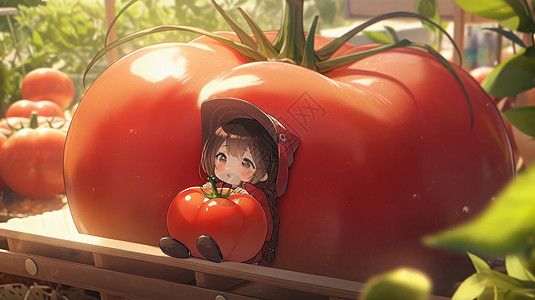 卡通可爱小女孩倚靠着超大西红柿图片