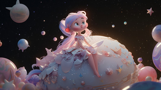 坐在梦幻的水晶气球上可爱的长发小公主图片