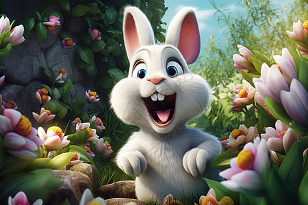 花朵丛中可爱搞怪的小兔子图片