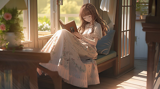 穿白色长裙的小女孩坐在榻榻米上看书图片