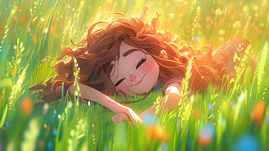 趴在草丛睡觉的可爱卷发小女孩图片