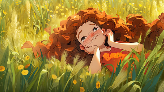 躺在草丛中仰望天空思考的卡通小女孩图片