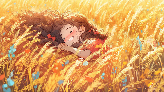 躺在金色麦田的可爱的卡通小女孩高清图片