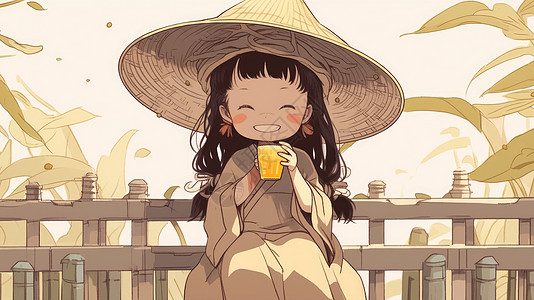 可爱的卡通小女孩戴着草帽拿着饮料在路边喝水图片