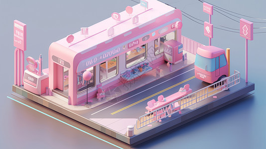 可爱的粉色卡通车站商店图片